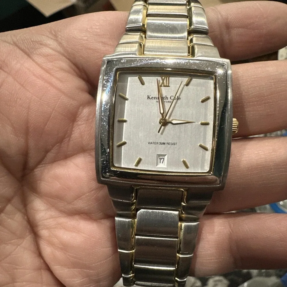Working Kenneth Cole Square Men's Watch All Steel Two Tone Date 32.5mm 8in